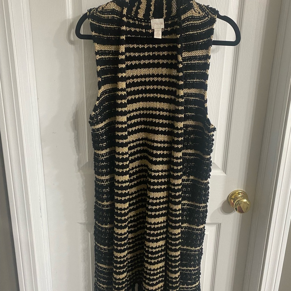 Chico's Black with Gold Metallic Stripe Knit Vest